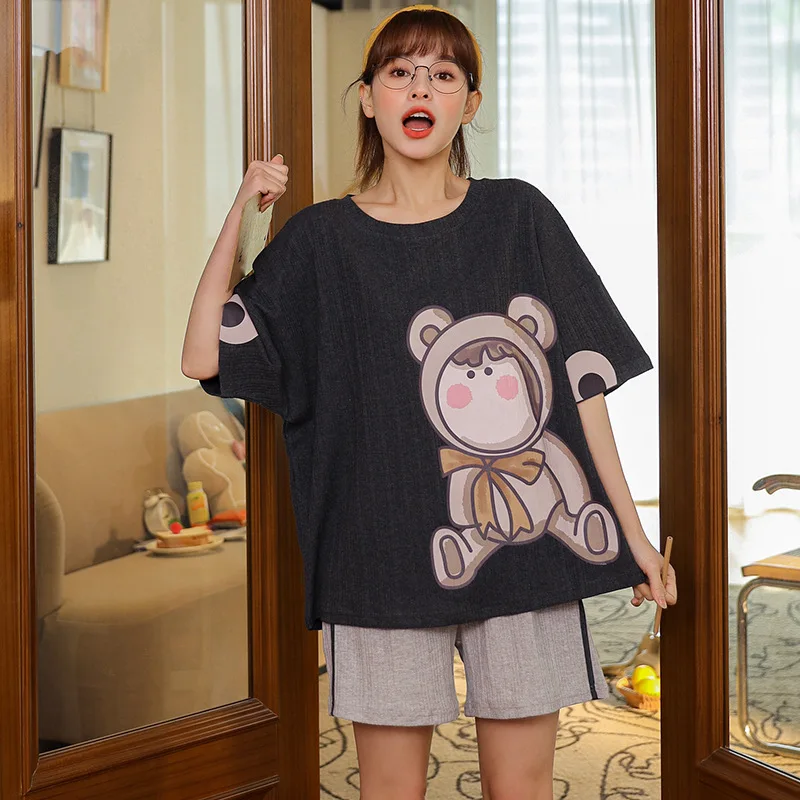

Весенне-летние пижамы для женщин, с милым рисунком "Маппет-пижамы с мишками темно-серая хлопковая домашняя одежда в Корейском стиле свободн...