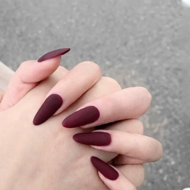 

24pcs False Matte Red Wine Wear Long Paragraph Fashion Manicure Patch False Nails Save Time Wearable Nail Patch NE