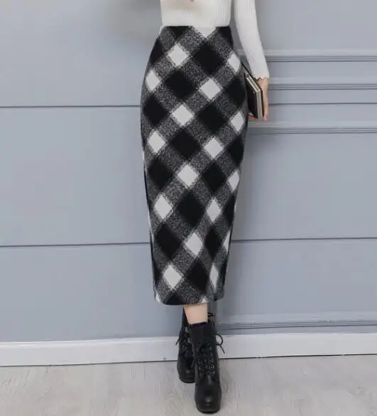 White black plaid Клетчатая Шерстяная длинная юбка для женщин Зимняя мода шерстяная юбка карандаш Высокая талия Jupe Femme элегантная плотная теплая Saia Longa - Цвет: White black plaid
