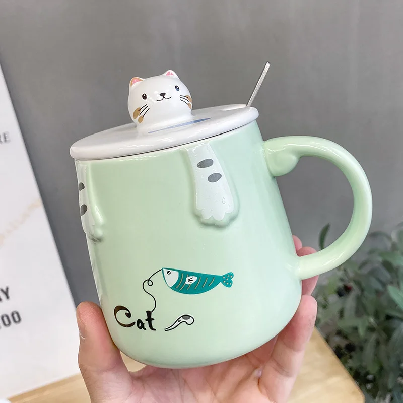 

450ml Creative Cartoon Cat Ceramic Cup with Lid Spoon Pot Belly Coffee Mug Student Water Cup Ladies Flower Tea Office Mug