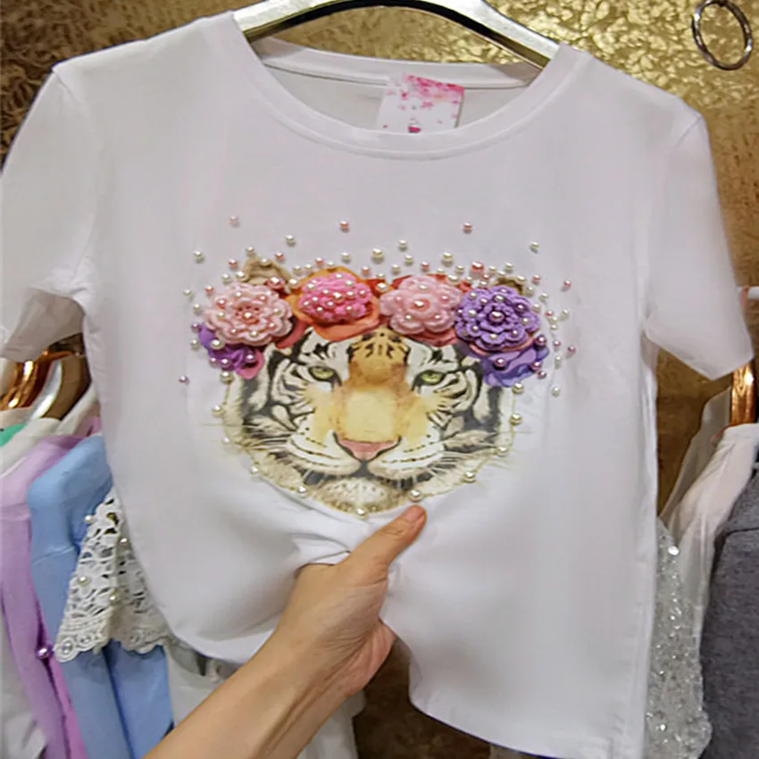 

Classic Heavy Industry Beaded T-shirt Women Summer Three-dimensional Colored Flowers Tiger Cotton Loose Top Tees