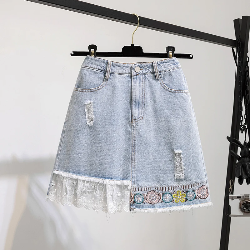 

Summer 2 pieces Sets Women Sweet Plaid Blouse Tops And Lace Patchwork Embroidery Denim Skirt Suits Sweet Clothing