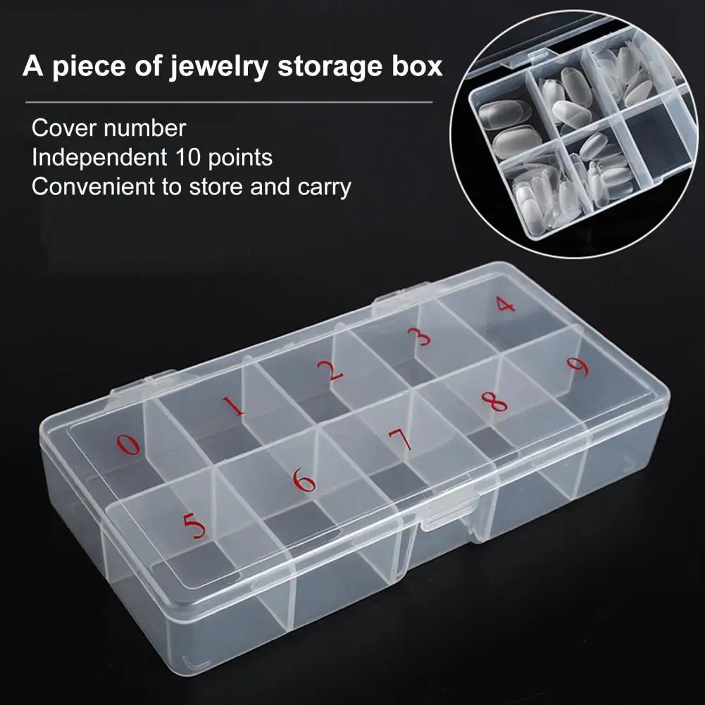 

Nail Tips Box with 10 Grids Multifunctional Transparent Nail Rhinestones Sequins Storage Container Nail Care Tool