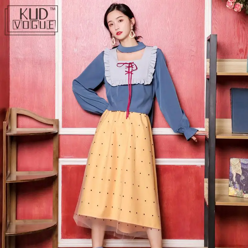 

Юбка в стиле Лолиты, сказочный комплект из двух предметов, японский стиль, Mori Girl, Милая женская одежда, топ с бантом, юбка в горошек, Модный по...