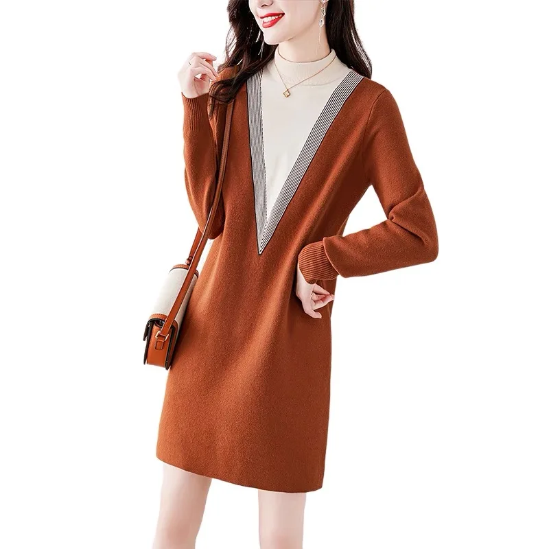 

New Autumn Winter Patchwork Knitted Dress Women Contrast Color O-neck Long Sleeve Casual Mini Dresses Fake Two Piece Vestidos