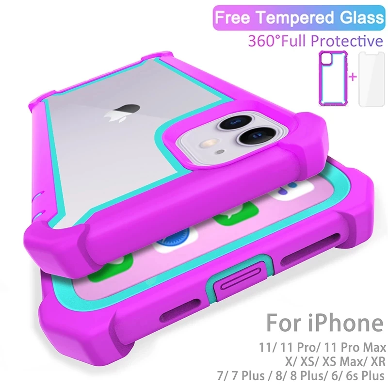 

Case for iPhone 12 13 11 14Pro Max XS Max XR 8 Plus Heavy Duty Protection armor PC TPU Shockproof Case Free Tempered Glass cover