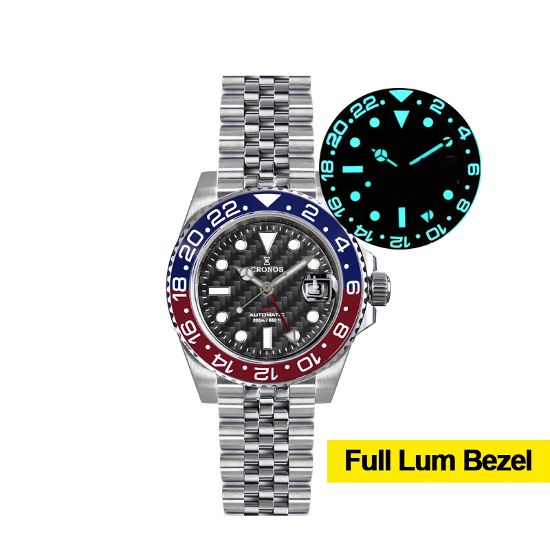 

CRONOS GMT Automatic Diver Watch Bidirectional Bezel Sapphire Glass 20M Waterproof Jubilee Bracelet BGW-9 Super C3 Luminous Dial