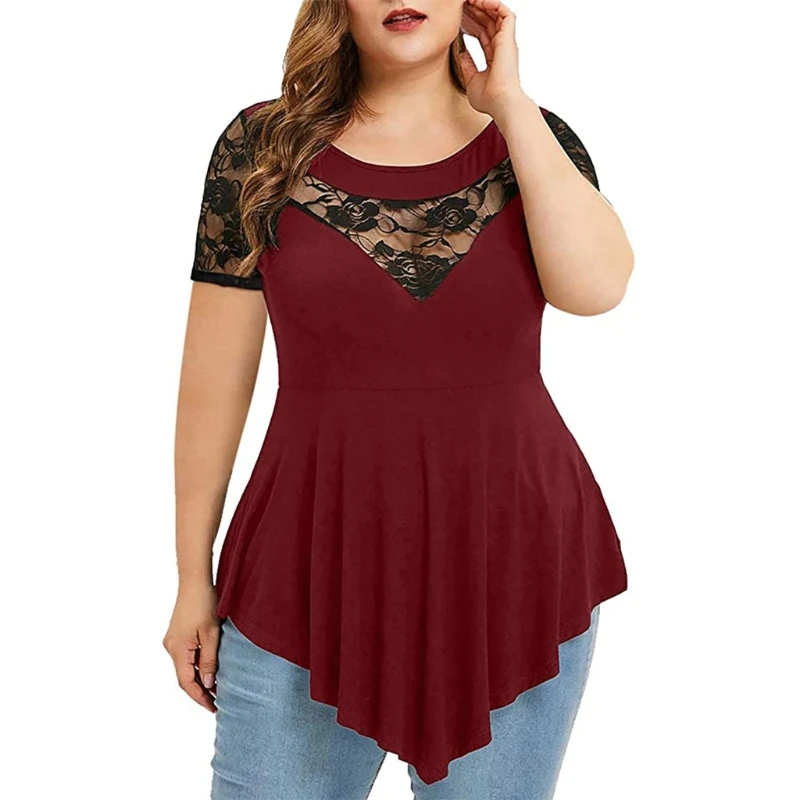 

Womens Plus Size Short Sleeve T-Shirts Sexy See Through Floral Lace Patchwork Tunic Tops O-Neck Asymmetric Hem Blouse