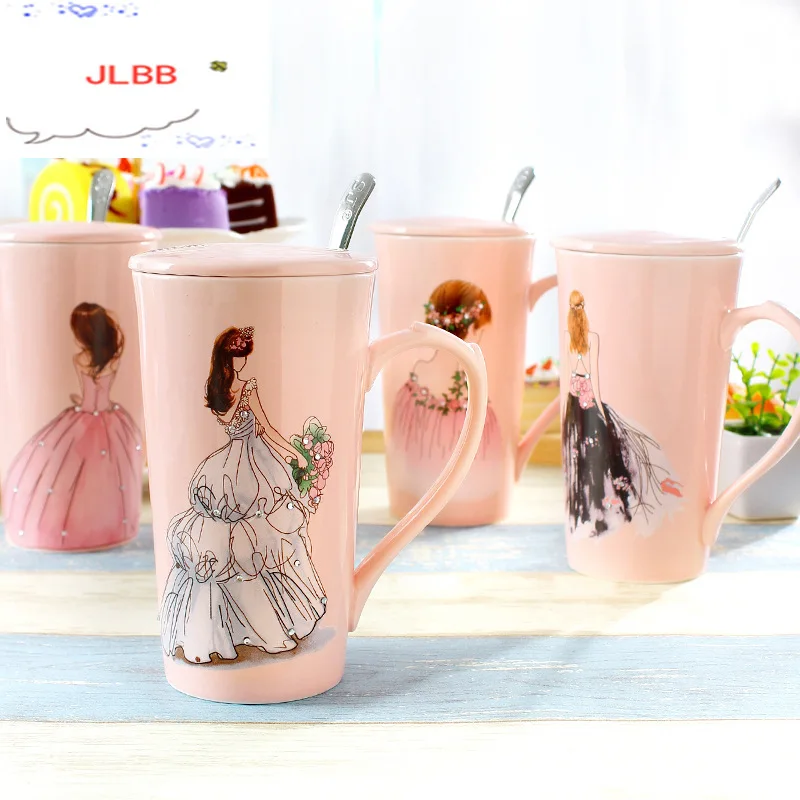 3D Розовый красивых девушек в свадебное платье со стразами Кофе кружка с ложкой