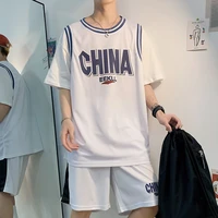 summer oversized jersey basketball loose fake two piece uniform suit mens short sleeved t shirt sports students two piece trend