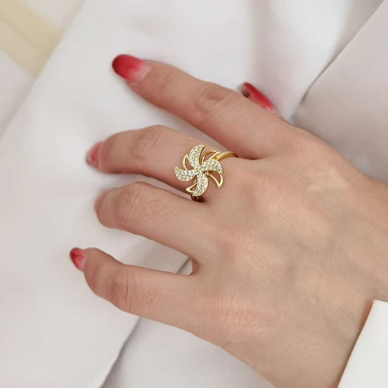 

Fashion Rotating Windmill Novelty Rings for Women Gold Silver Creative Adjustable Opening Rings Zircon Jewelry Anniversary Gift