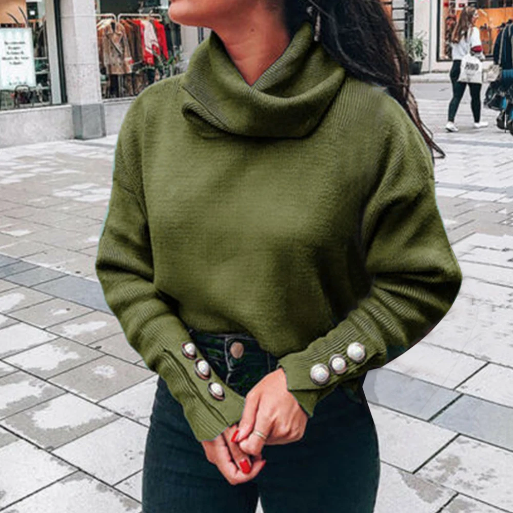 Laamei Turtleneck Sweaters Women Pullover Oversize Sweater Buttons Female Jumper Plus Green Blue Casual | Женская одежда