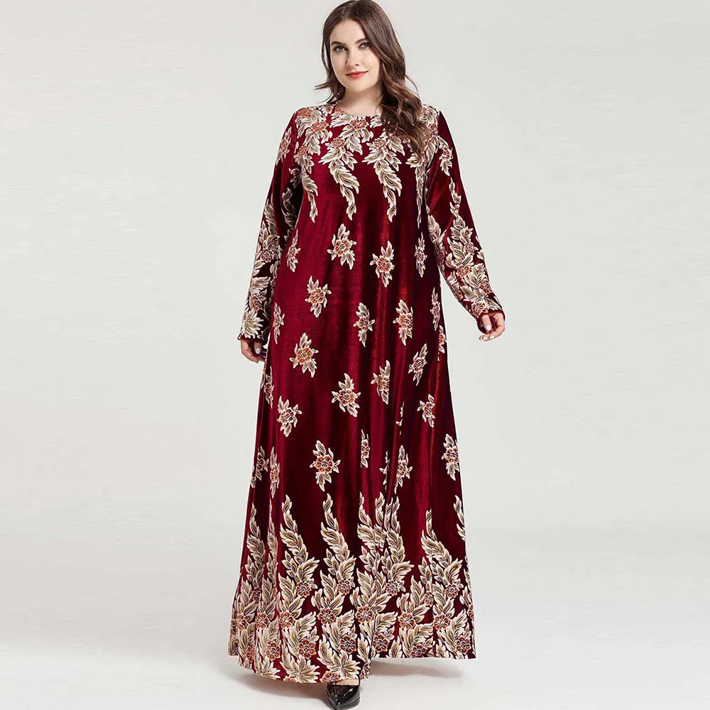 Зимнее мусульманское бархатное платье с цветочным принтом Abaya в Дубае модная