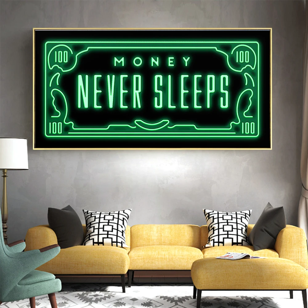 

Inspirational Wall Art Never Sleeps Green Flash Money Canvas Paintings on The Wall Street Art Pictures for Home Decor