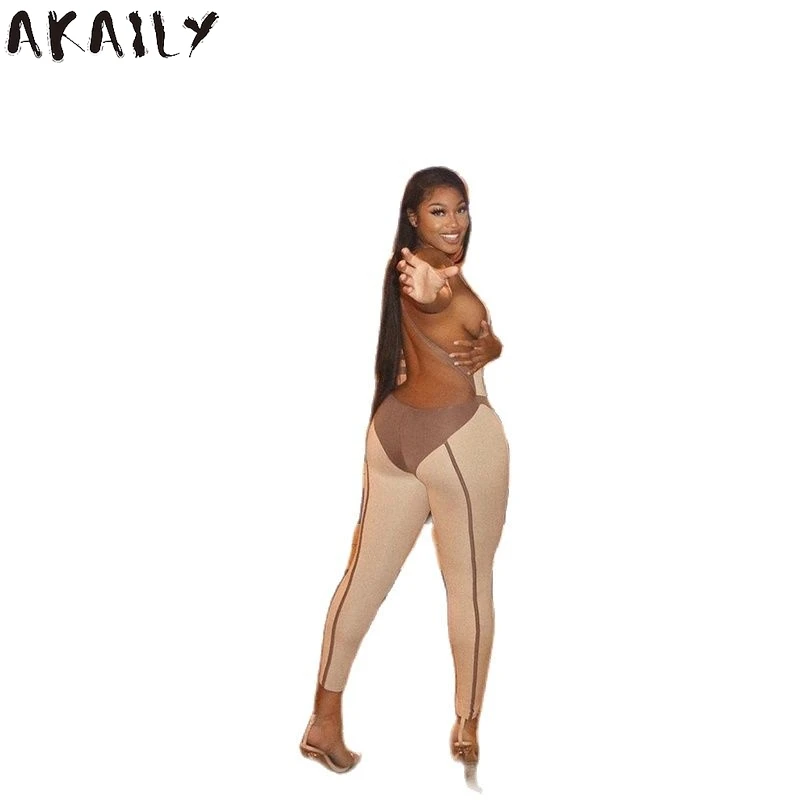 

Akaily Summer Streetwear Patchwork Bodycon Jumpsuit Women Sexy Sleeveless Backless Hollow Out Jumpsuit Female One Piece Outfit