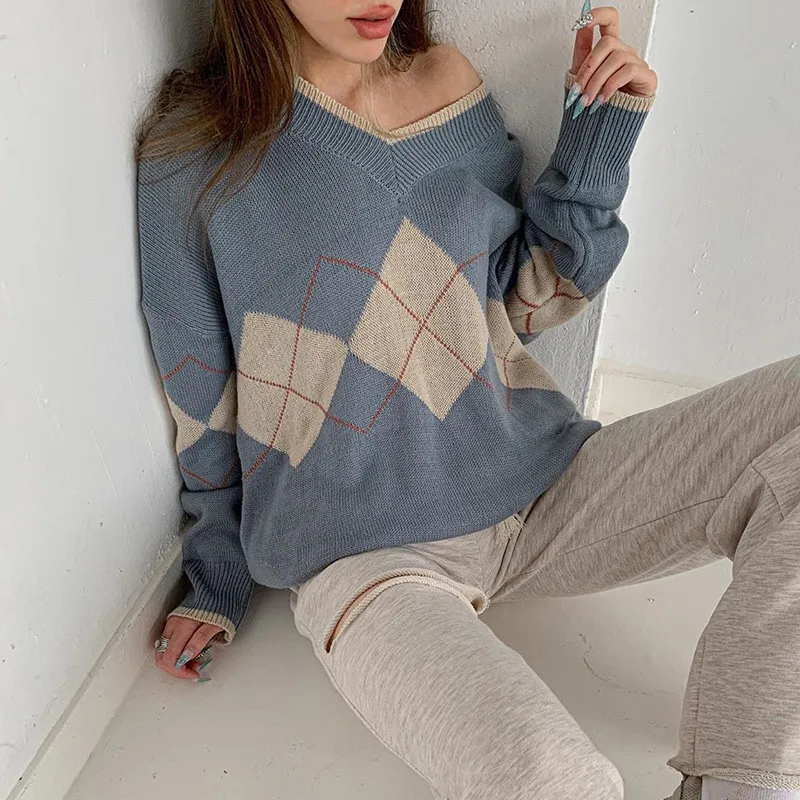 

Осенне-зимний вязаный свитер для женщин с длинным рукавом и v-образным вырезом, Длинный свободный топ, Женский Повседневный пуловер с рукавами на осень-плечо