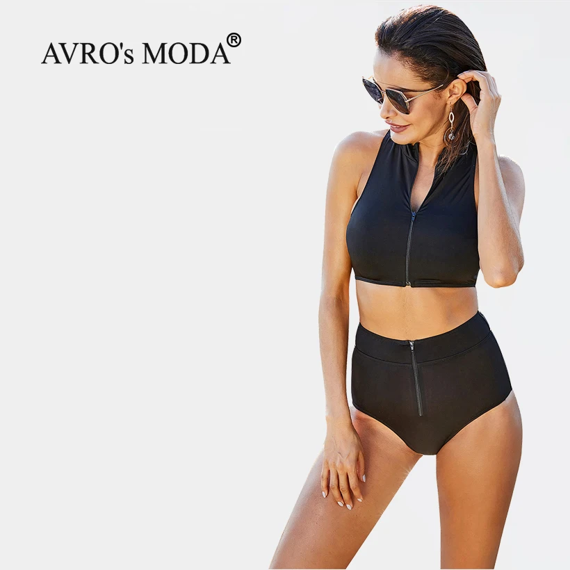 

Женский купальник с высокой талией AVRO's MODA, пляжная одежда, сексуальное бикини пуш-ап, модный однотонный женский купальный костюм из двух час...