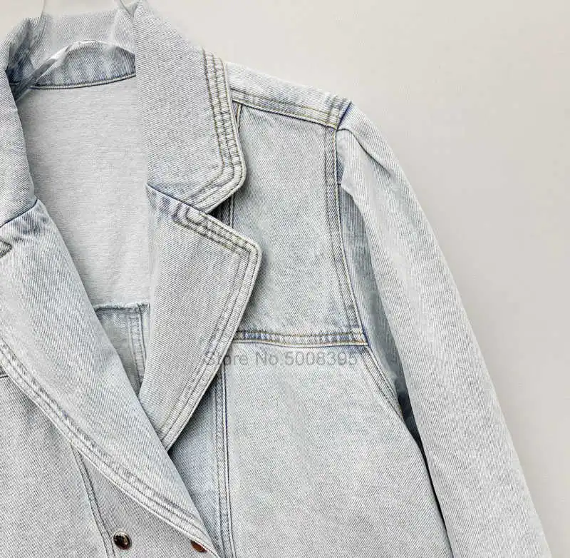 

Woman Light Blue Washed Denim Oversized Jacket Lapel Collar Double Breasted With Pockets Long Sleeves Coat