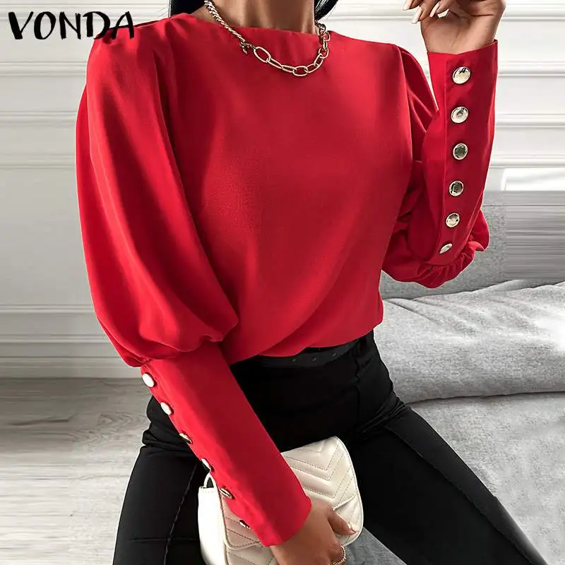 VONDA-camisetas rojas de manga larga con cuello redondo para mujer, Blusas Bohemias de manga abombada, Tops de fiesta de Color sólido para primavera