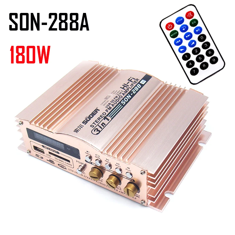 

SON 288A HiFi 180W Home Stereo Digital Amplifiers Aluminum Alloy Shell Support FM MP3 USB Audio With Remote Control CAR Music