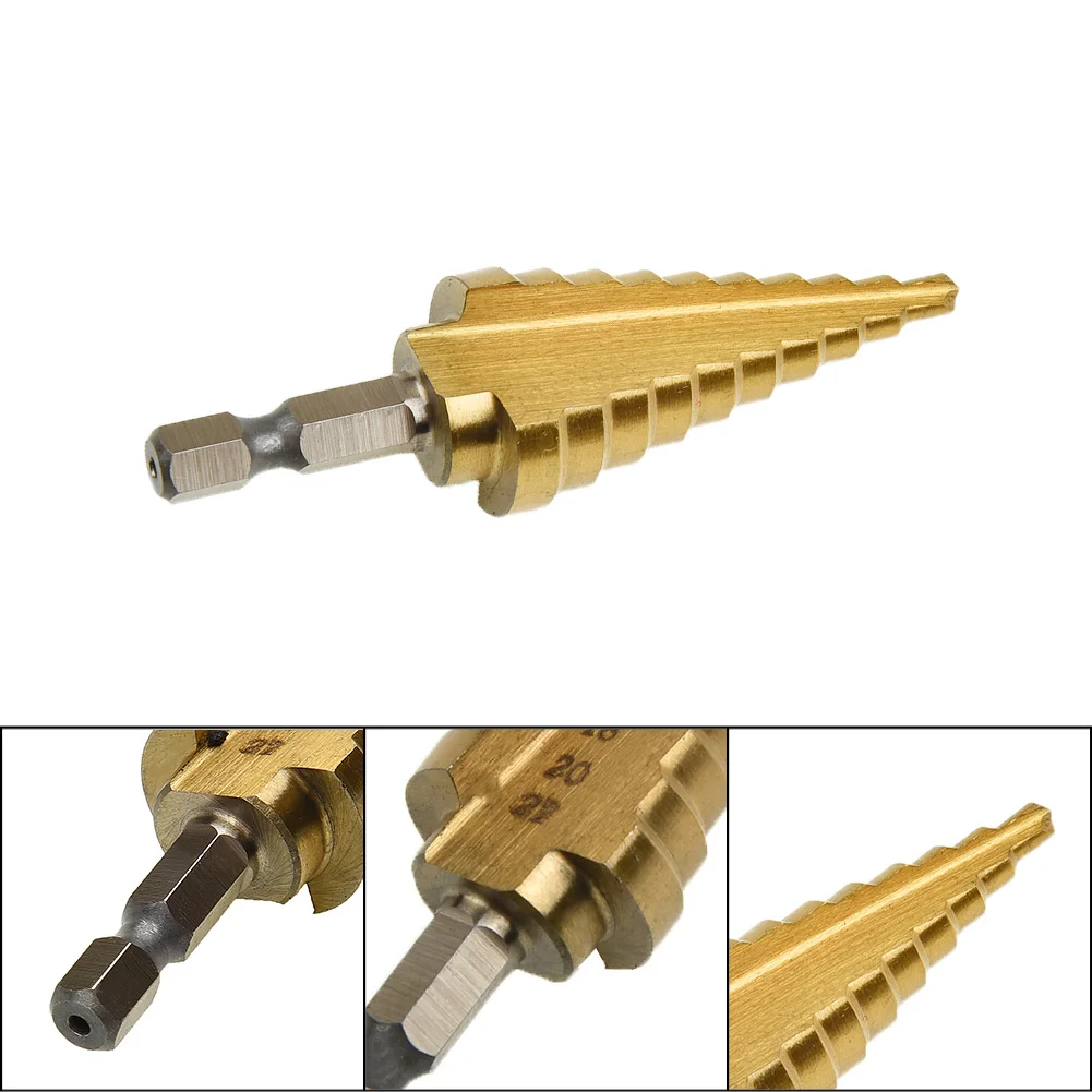 

4-22mm Hex Cone Step Drill Bit Hole Cutter For Sheet Metal Gold Colored Tool