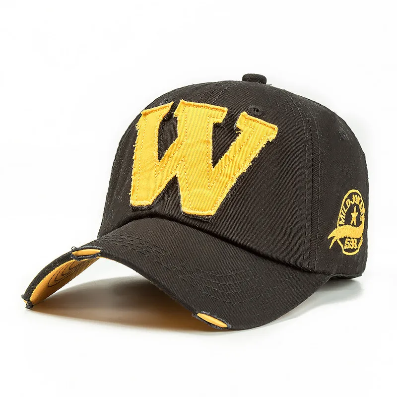 Хлопчатобумажные вышитые буквы W бейсбольная Кепка Snapback Кепка s Bone casquette шляпа Distressed носить облегающие шляпы для мужчин на заказ шляпы - Цвет: Black