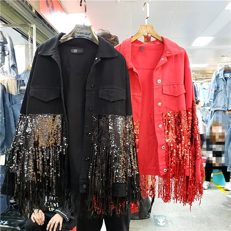 

Новинка 2019, однобортная Модная Джинсовая куртка heavy industry с кисточками и блестками