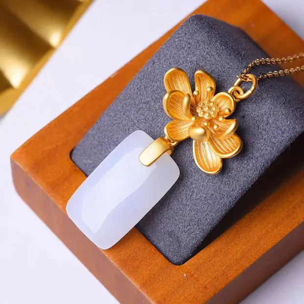 

New silver inlaid natural Hetian white Chalcedony lotus Pendant Necklace unique ancient gold craft charm women's brand jewelry