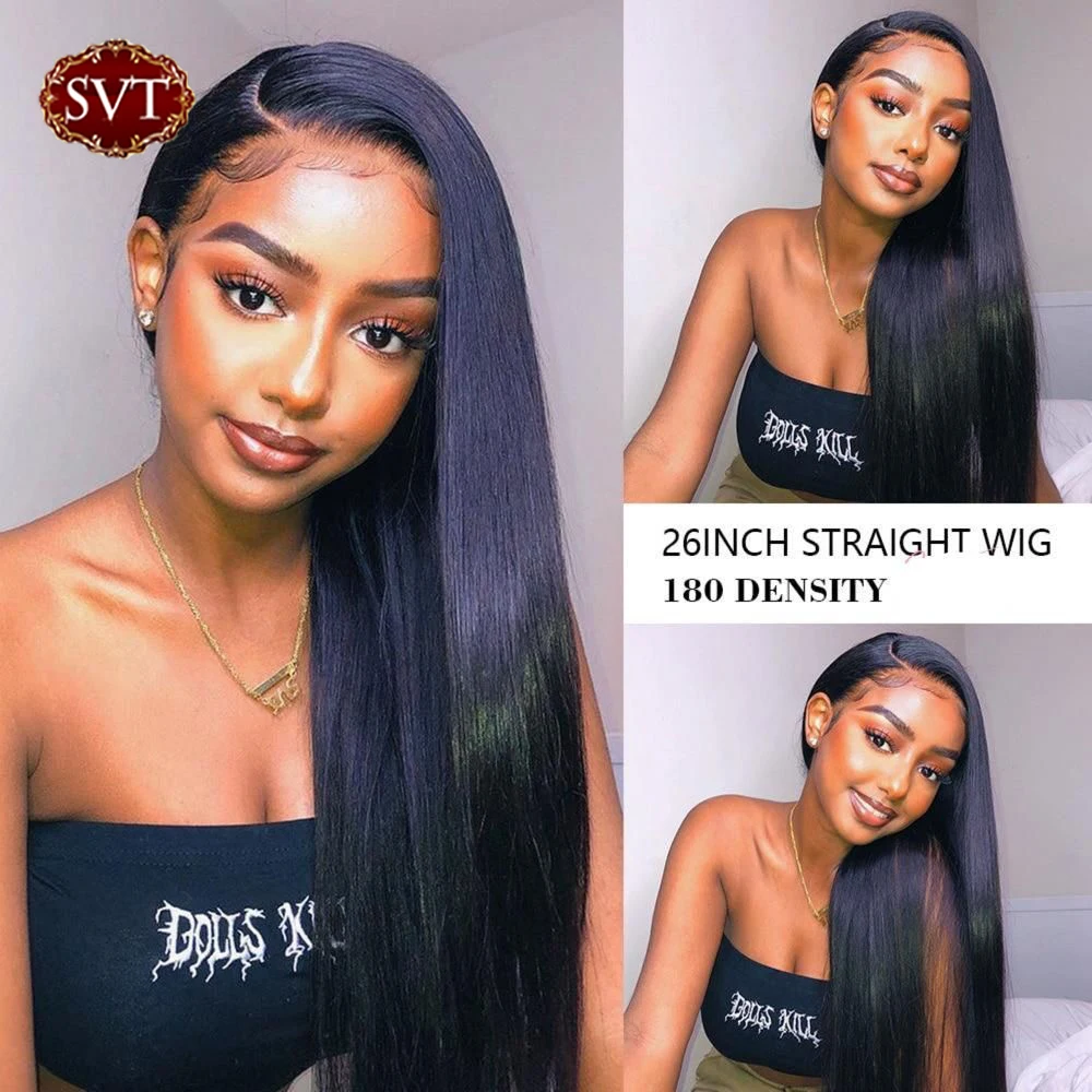 

Peruvian Long Straight Transparent 13x2 T Part Lace Frontal Wig Pre-Plucked With Baby Hair SVT Human Hair Wig For Black Women