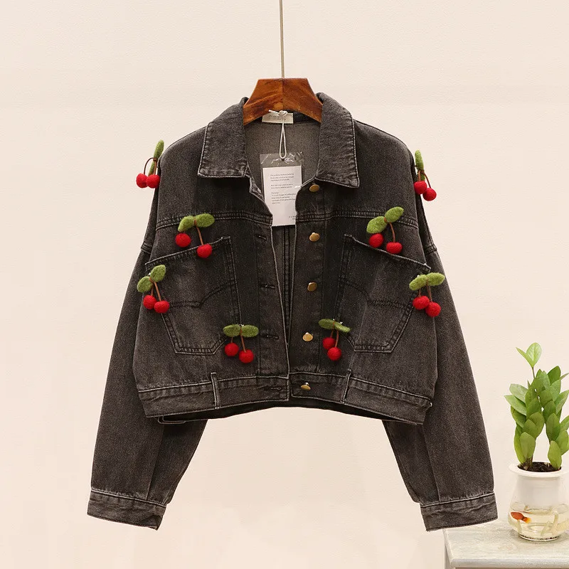 

Black Denim Short Jacket Women 2020 Spring New Loose Bat Sleeve Cherry Decoration Jean Top Chic Streetwear Stretch Denim Coat 32