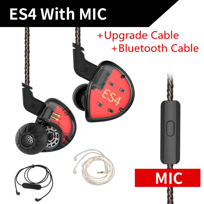 black mic silve BT KZ ES4 1DD+ 1BA Hifi спортивные наушники-вкладыши Динамический драйвер шумоподавление Гарнитура замена кабеля AS10 ZS10 BA10 ZST ZS6 ZSN - Цвет: black mic silve BT