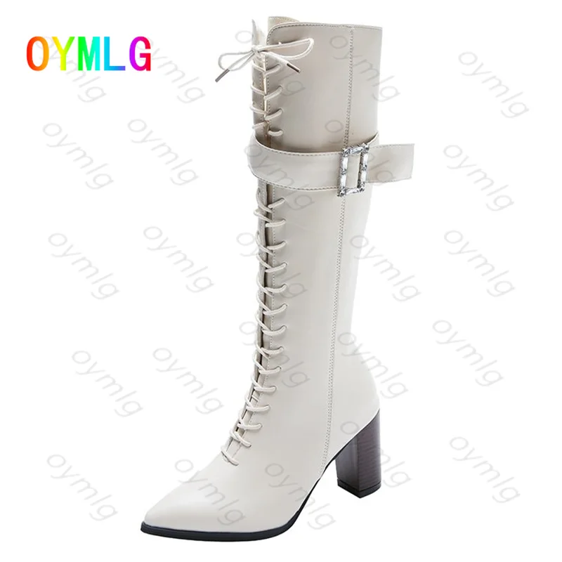 

2021 autumn winter shoes women's high heels women's shoes new lace-up high boots but knee-pointed thick heel boots women boots