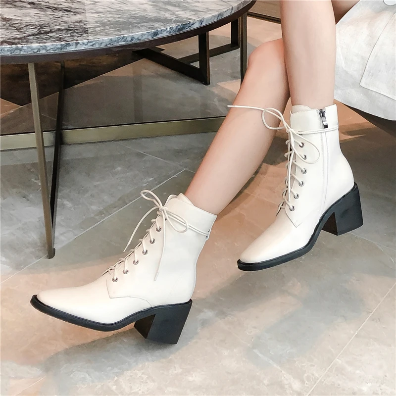 

COVIBESCO Fashion Concise Genuine Leather Ankle Boots High Heels Shoes Woman Autumn Winter New Lace-Up Side Zipper Basic Boots