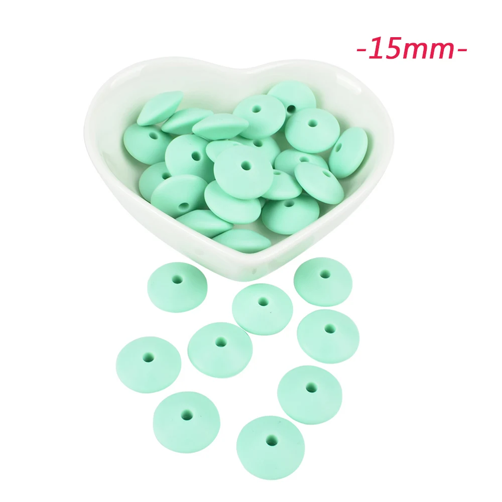 15mm mint LOFCA 100 шт. силиконовые бусины в форме чечевицы 12/15 мм Силиконовые Бусины россыпью детский прорезыватель BPA микроволновых печей DIY бусины для ожерелье-прорезыватель - Цвет: 15mm mint