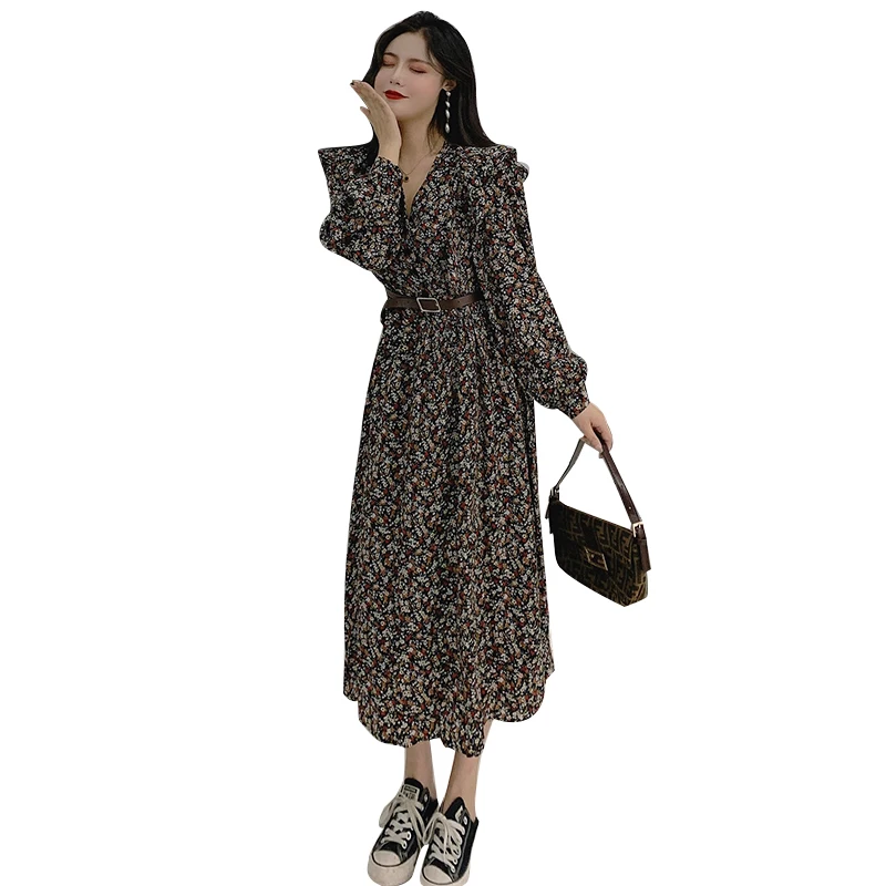 

Fashion knitted dress women's waist slimming V-neck ruffled floral dress 2020 women fashion clothing dresses for women