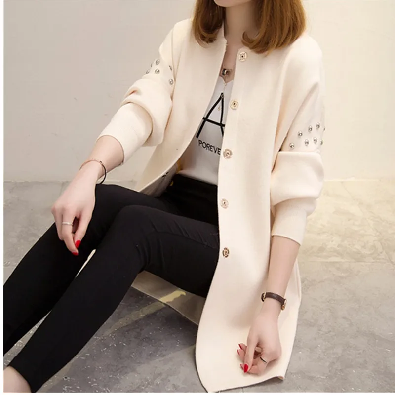 Женский кардиган средней длины однотонный свободный свитер с круглым вырезом и