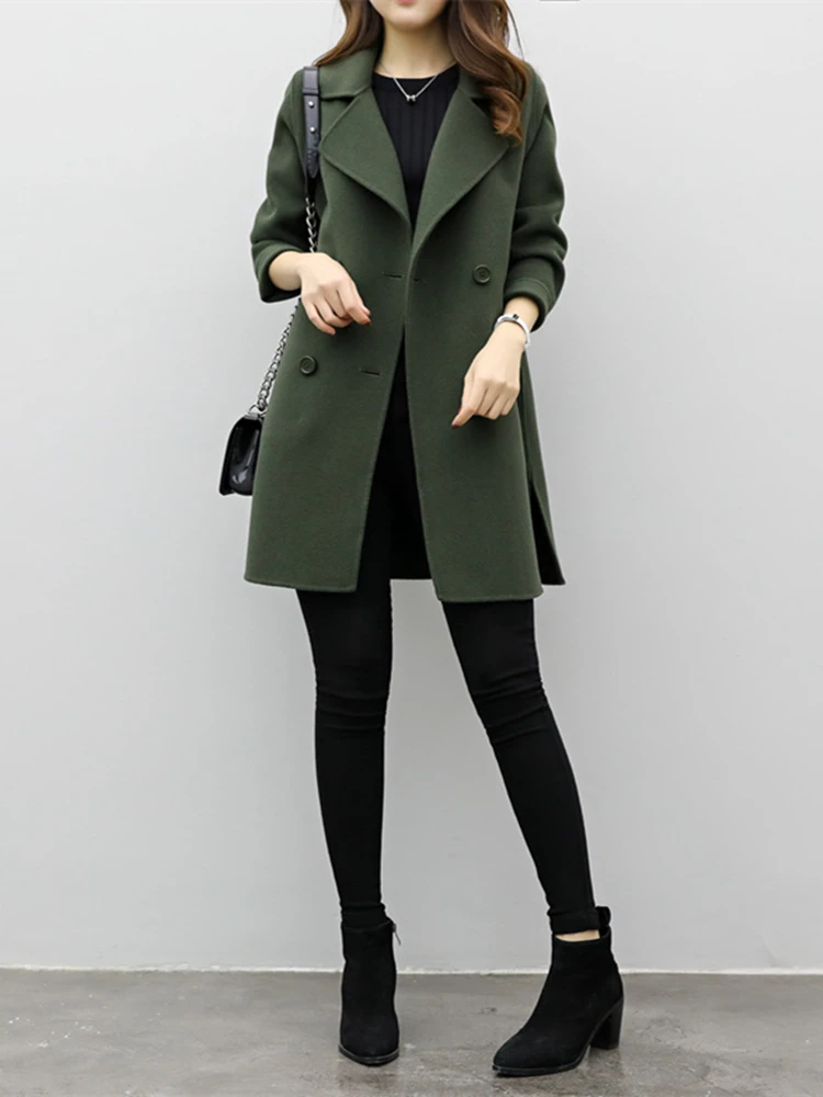 

Женская двубортная куртка средней длины, элегантная однотонная Свободная куртка с отложным воротником, шикарное пальто на осень и зиму