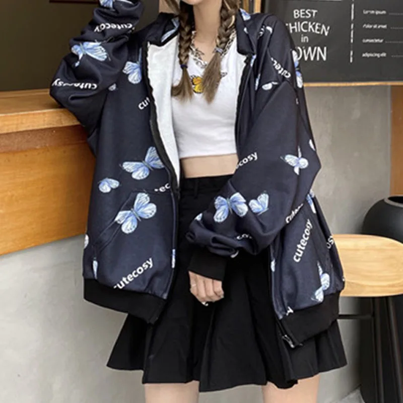 Butterfly Print Zipper Casual grunge Streetwear Harajuku y2k Oversized hoodie Winter Long Sleeve Kawaii Women sweetshirts Top