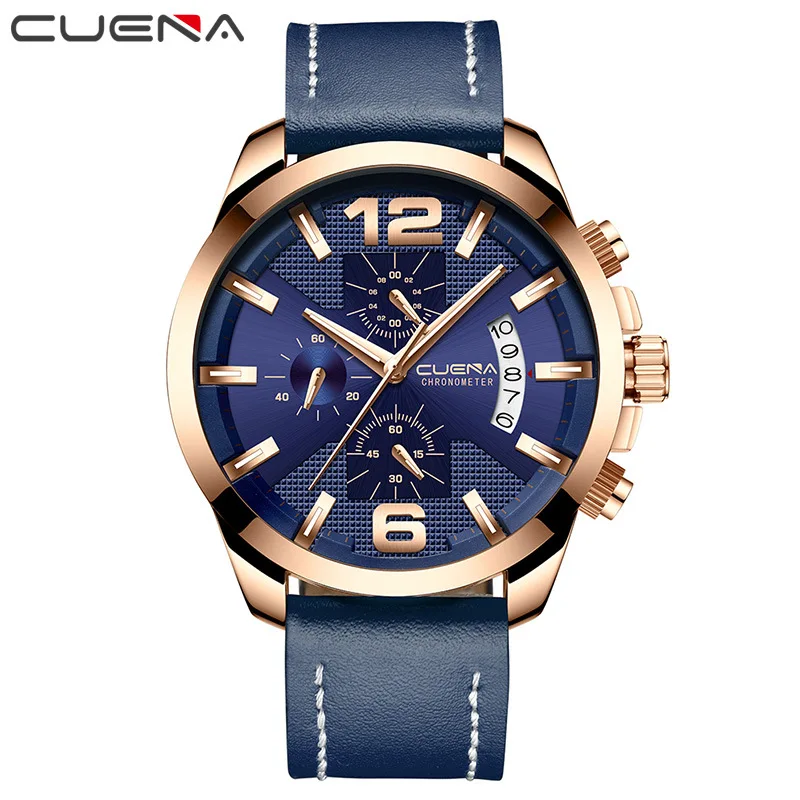 Blue CUENA мужские часы кварцевые часы Секундомер светящиеся стрелки из натуральной кожи ремешок наручные мужские часы Reloj Hombre - Цвет: Blue