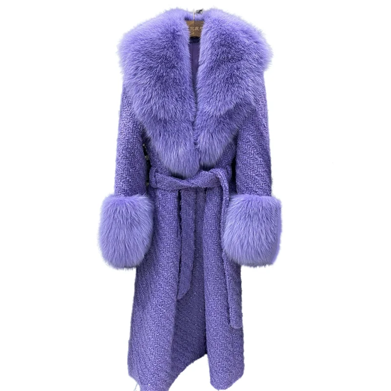 2022 Luxury Thick Women Winter Coat With Big Real Fox Fur Collar Cuff Long Slim Sheep Wool Blend Jacket Belt Woolen Overcoat enlarge