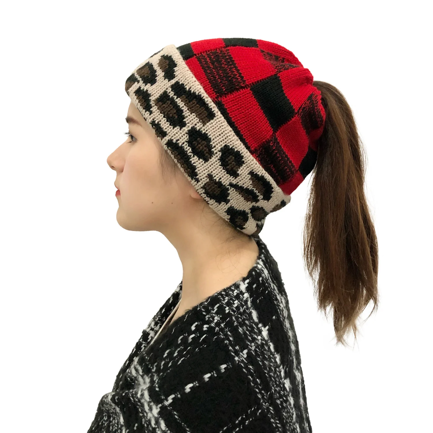 

Winter Knit Hat Ponytail Messy Bun BeanieTail Women's Beanie Plaid Ribbed Hat Cap Skull Cap