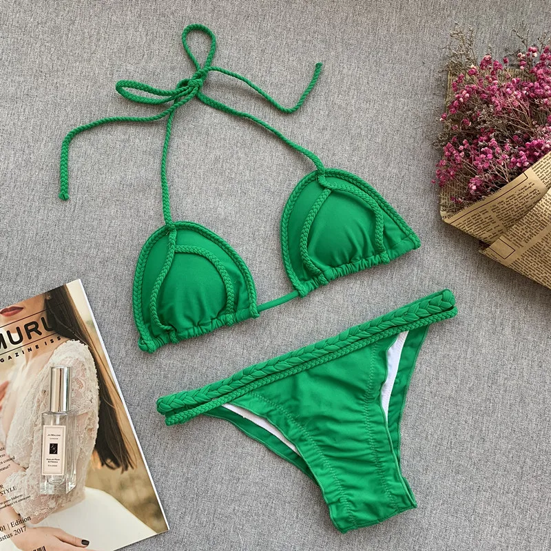 

Summer 2021 Sexy Solid Color Push Up Bikini Braid Swimsuit Separate Rope Landing Swimsuit Women Swimwear
