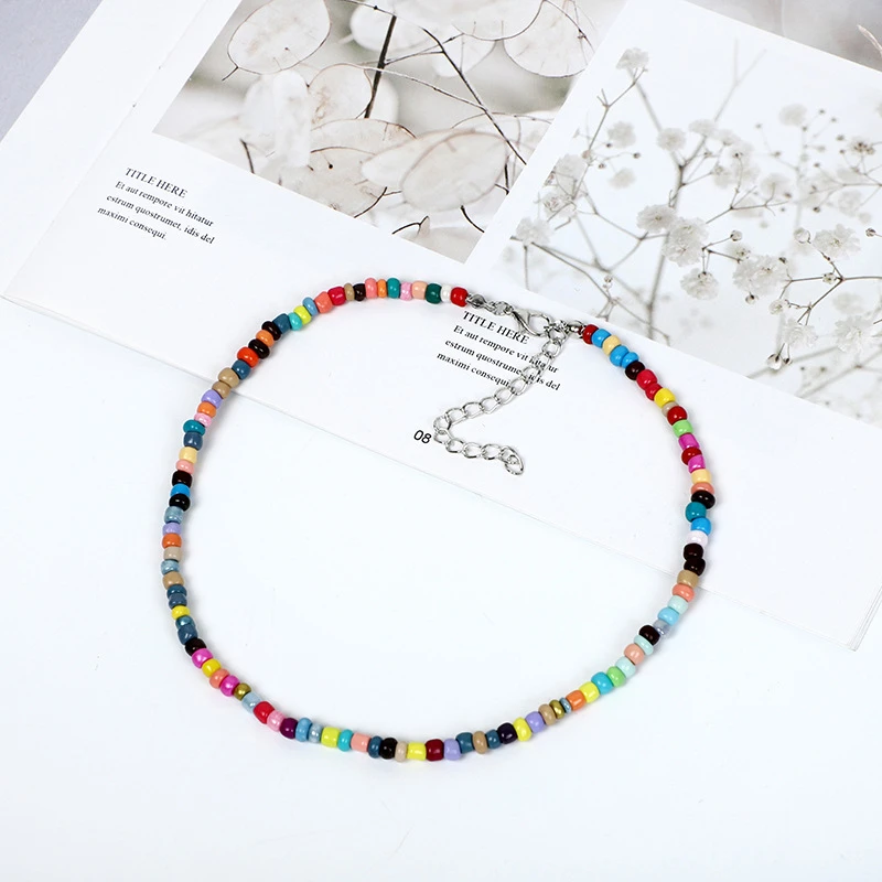 

Bohemian Style Creative Color Rice Bead Beaded Necklace Simple Trend Ethnic Style Rice Bead Clavicle Chain Women's Party Jewelry