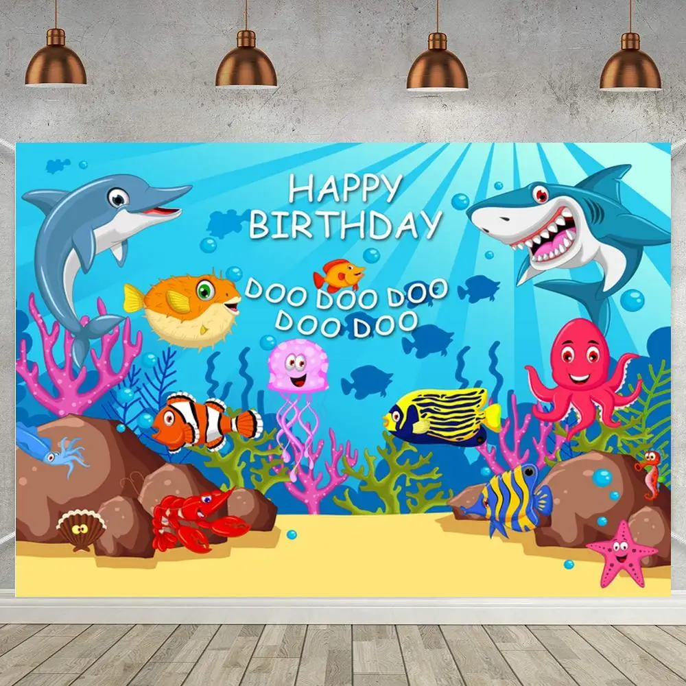 

Underwater Happy Birthday Doo Photo Backdrop Cartoon Fish Shark Coral Newborn Baby One Year Party Background Photography