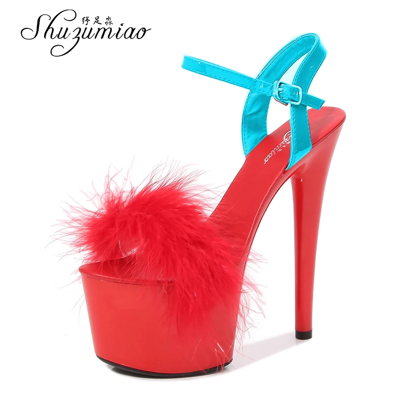 Туфли для танцев на шесте сандалии украшенные перьями женская обувь меху