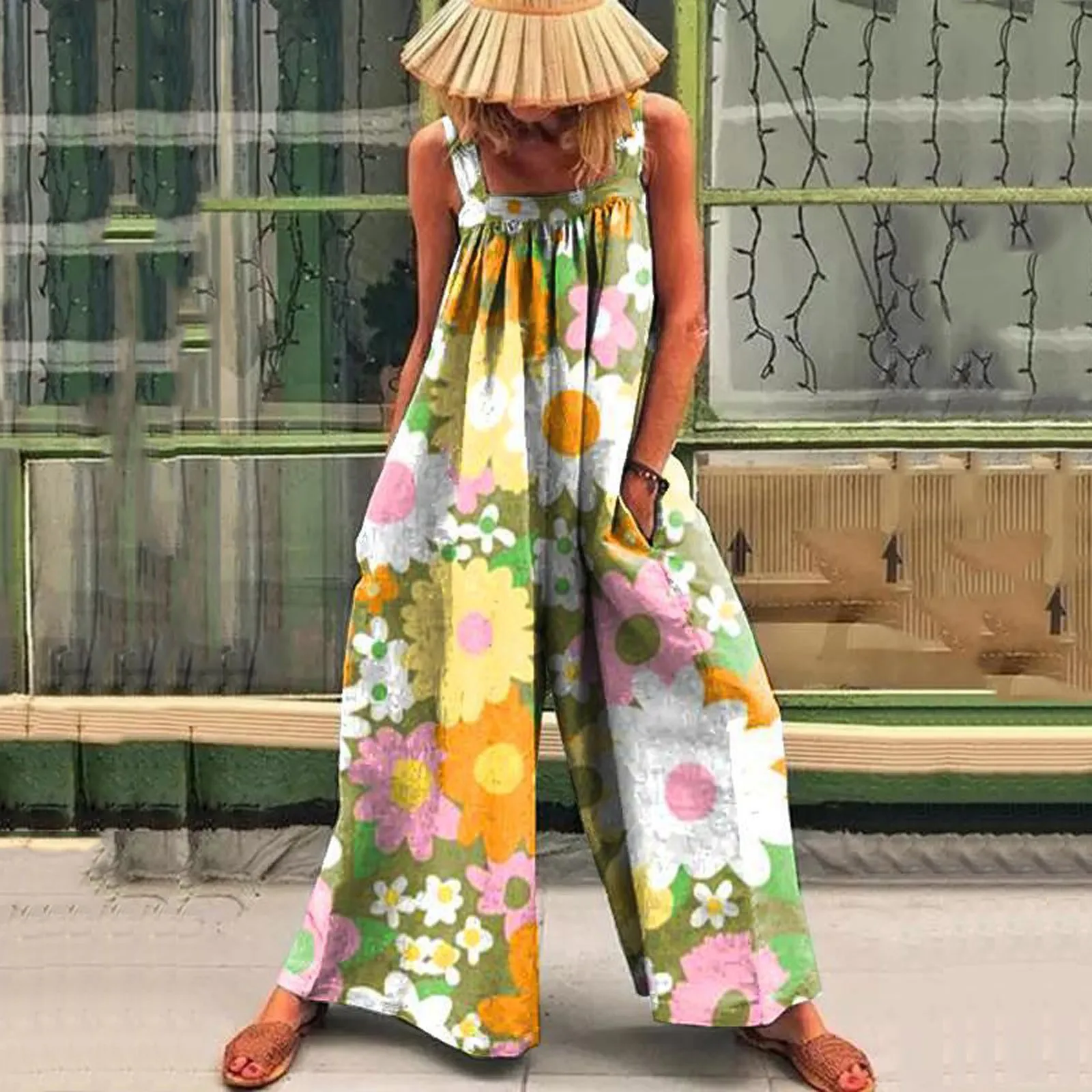 

Женский комбинезон, повседневный винтажный комбинезон Бохо с карманами, длинный комбинезон на бретелях, комбинезон с цветочным принтом для...