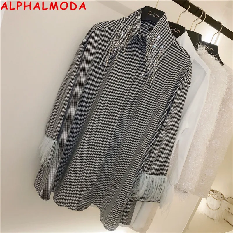 Женская блузка с цепочкой ALPHALMODA свободная рубашка в клетку воротник кристаллами