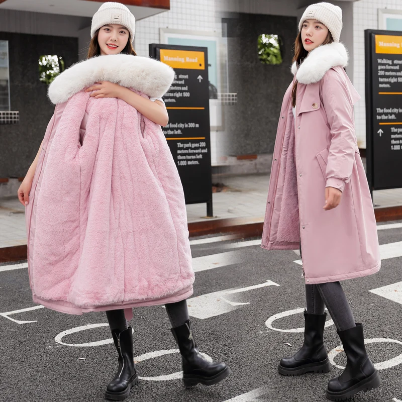 New 2022 Winter Women Collection Jacket Coat There Hood with Fur Collar Knee-length Warm Women Parka Long Slim Thick FANMUER