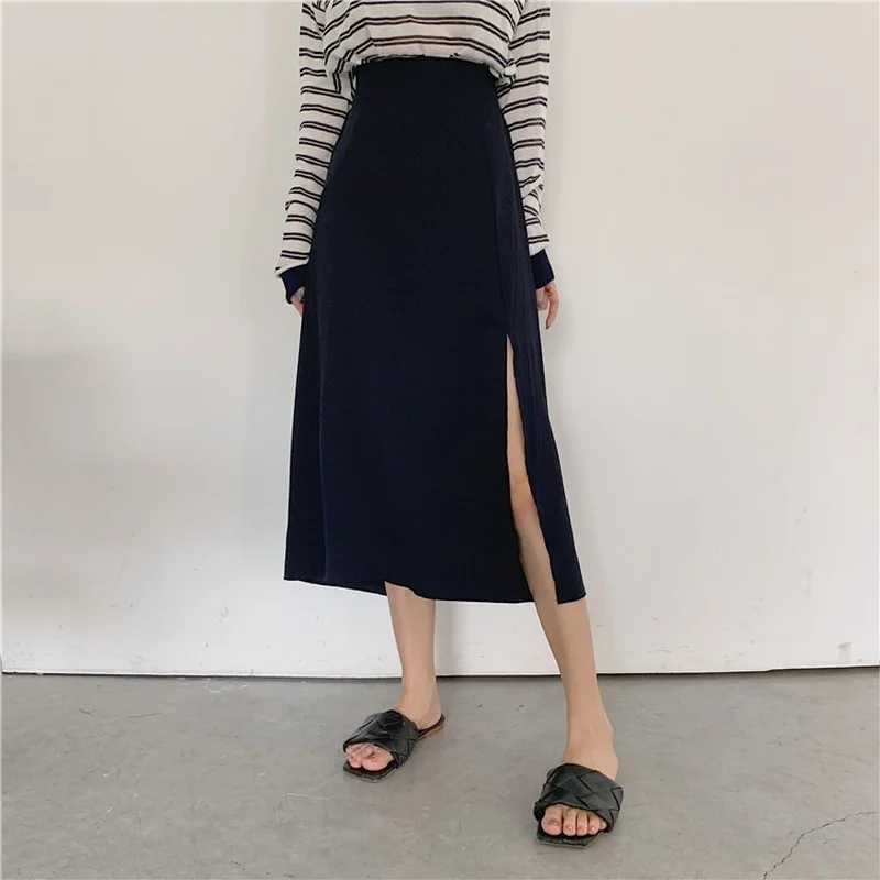 

Office Lady High Waist Solid Skirt Casual Streetwears 2021 New Spring Summer Women Stitching Slim Thin Side Slit A-line Skirts