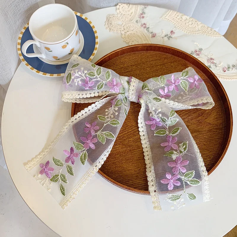 

French elegant embroidery rose lily pattern lace streamer headdress tied hair headband girl heart super fairy ribbon